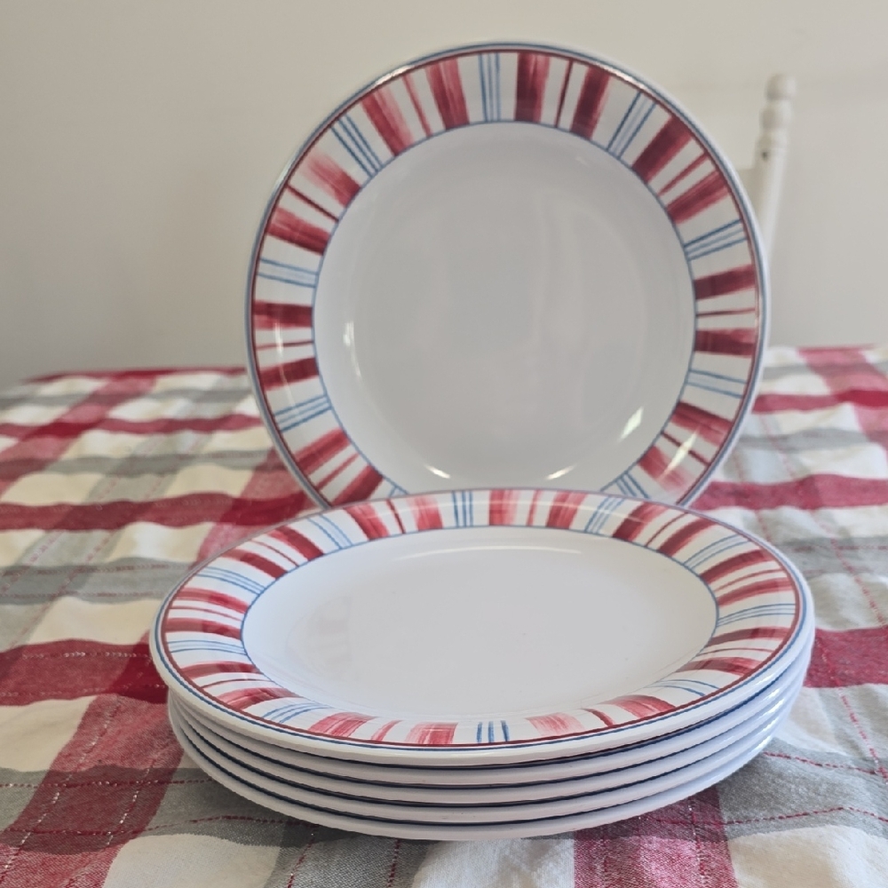 Longaberger Set Of 6 Stars & Stripes Melamine Dinner Plates Red White Blue